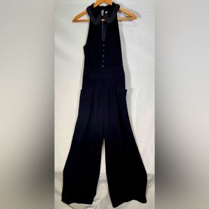 Anthropologie Elevenses Black Jumpsuit Beaded Collar Keyhole Pockets Size 2